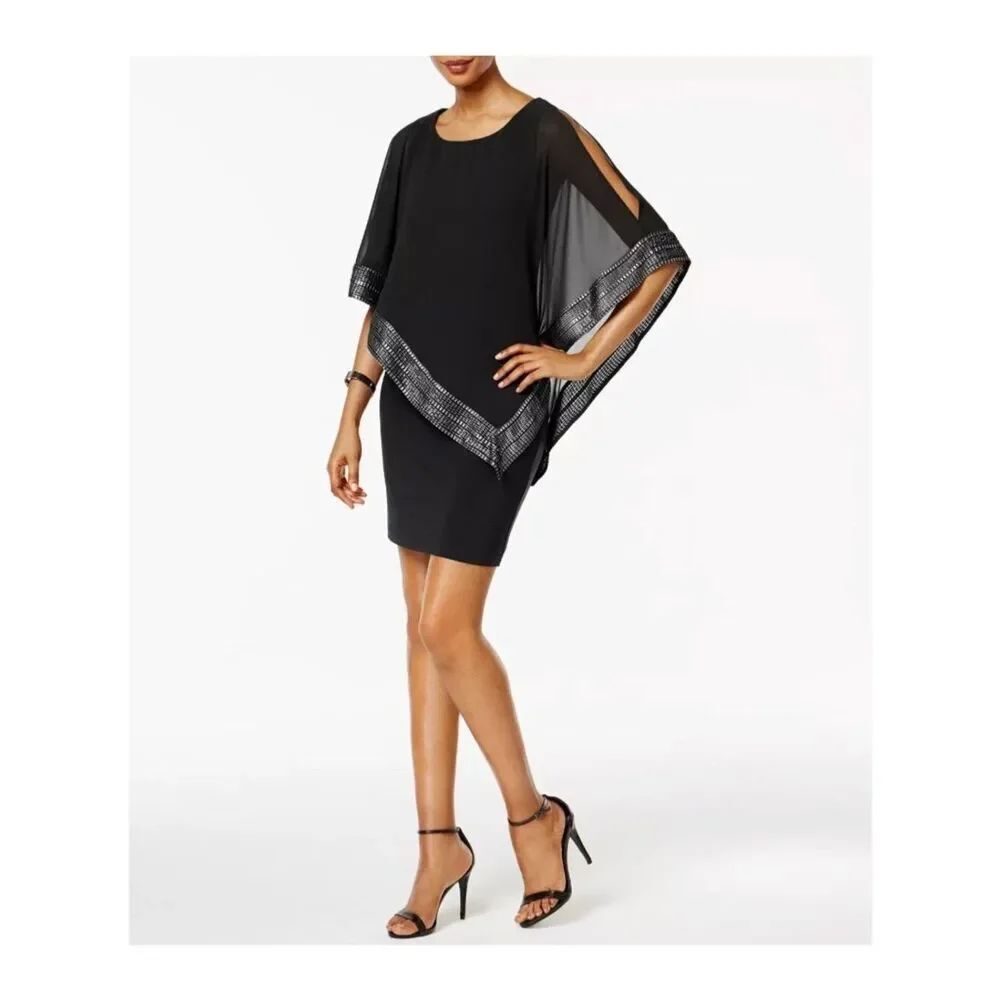 SLNY Women's Black with Sliver Metallic Trim Capelet Sheath Dress Size 8